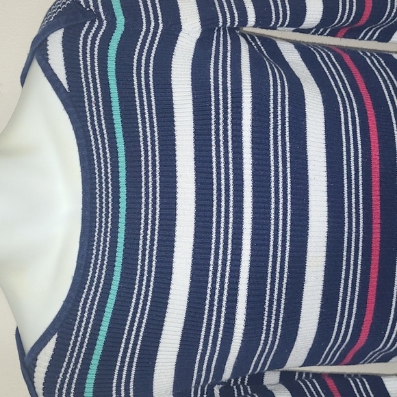 Liz Claiborne Boat Neck Striped Cotton Sweater Navy Pink Turquoise White Medium - Picture 2 of 4